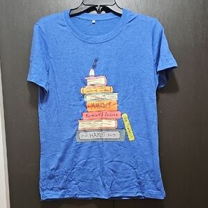 Blue Graphic T-Shirt with Book Stack Design